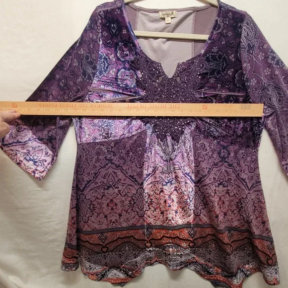 One World Violet Charming Art Purple Paisley Lace Embellished Tunic Top XL - Picture 10 of 15